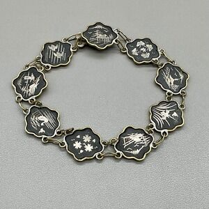 Vintage Bracelet Japanese Damascene Black Gold Silver Scenic Panel 7.5"
